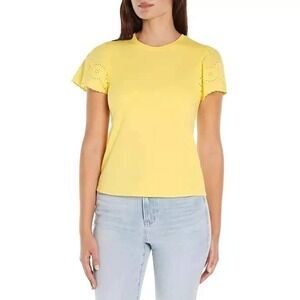 Eyelet Sleeve Top Stretch‎ Cotton Short Sleeve Tee Shirt Yellow Size M /#5406
